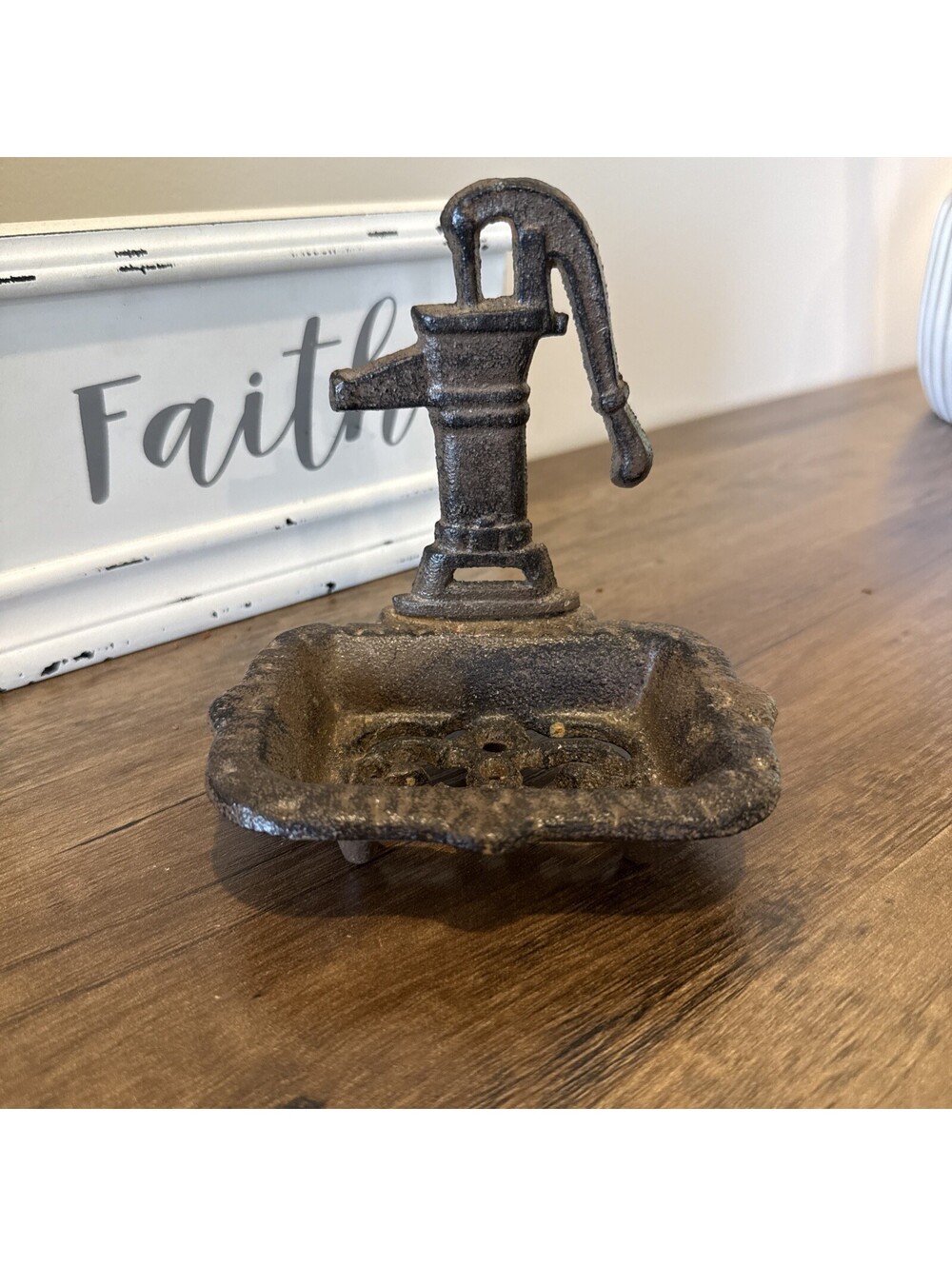 Cast Iron Water Pump Soap Dish Rustic Farmhouse Brown Footed Vintage Style